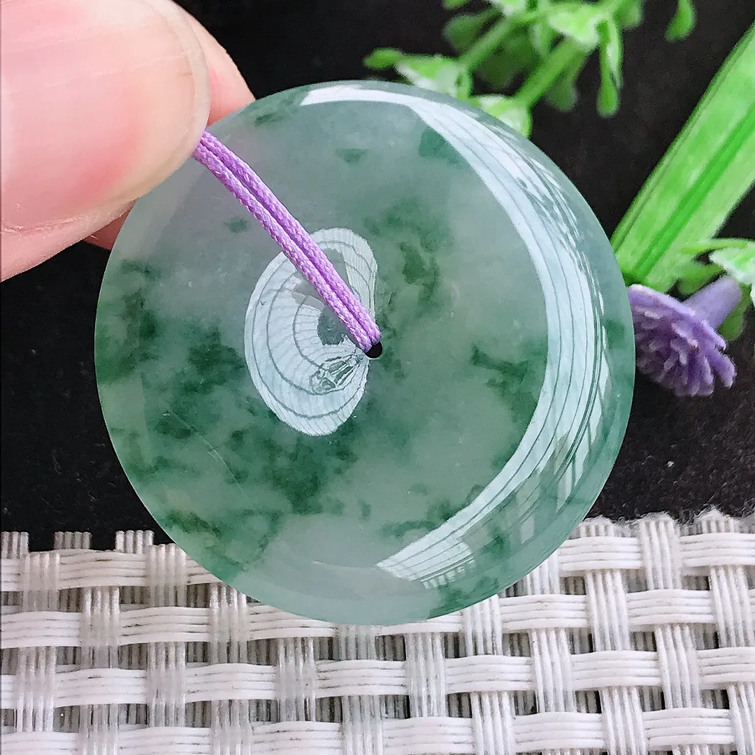 天然A货翡翠34.3/5.6老坑冰胶果冻冰飘花平安扣吊坠翡翠玉扣挂件