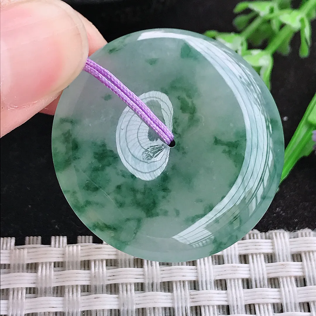 天然A货翡翠34.3/5.6老坑冰胶果冻冰飘花平安扣吊坠翡翠玉扣挂件