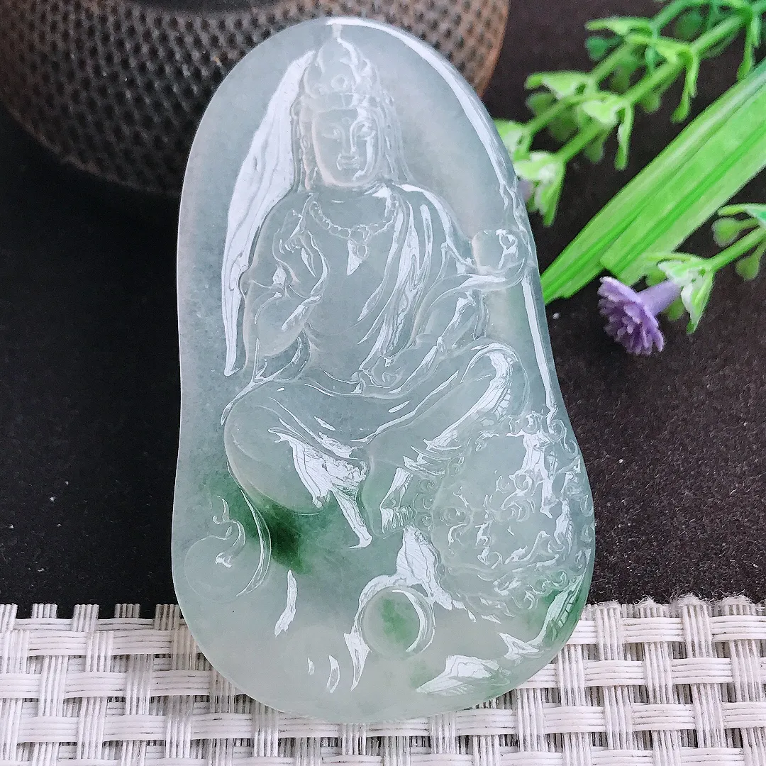 天然a货翡翠67.6/40.2/5.7老坑冰种起胶冰飘花文殊菩萨吊坠翡翠玉观音挂件