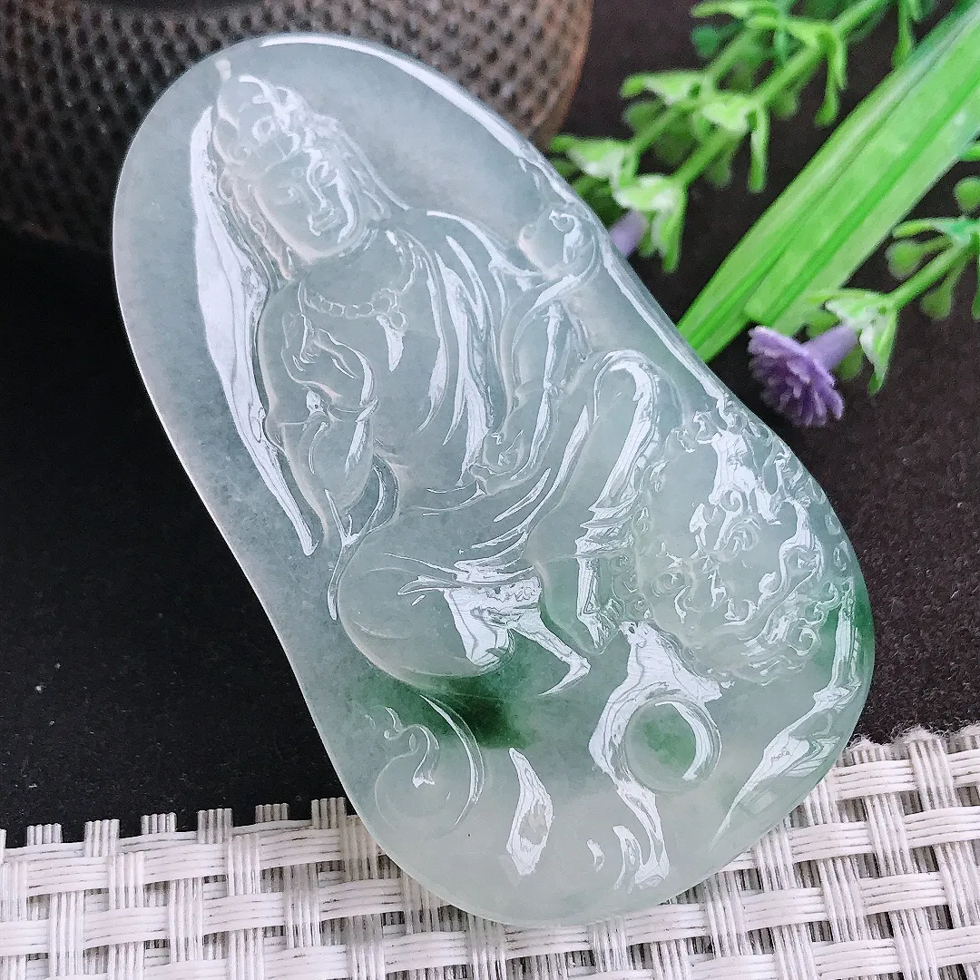 天然a货翡翠67.6/40.2/5.7老坑冰种起胶冰飘花文殊菩萨吊坠翡翠玉观音挂件