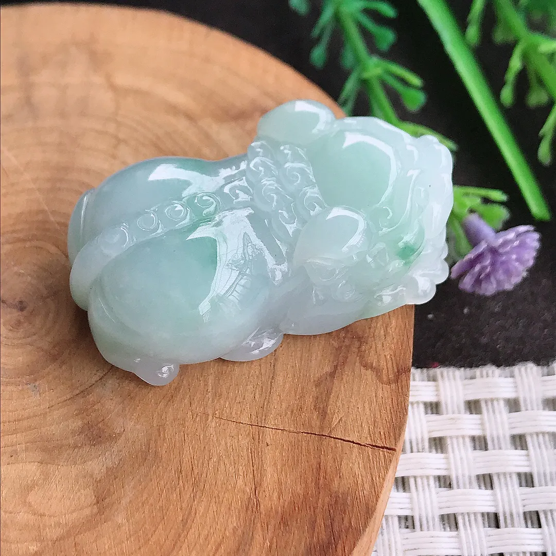 天然A货翡翠37.5/21/12.8老坑秀气冰润飘花貔貅吊坠翡翠挂件