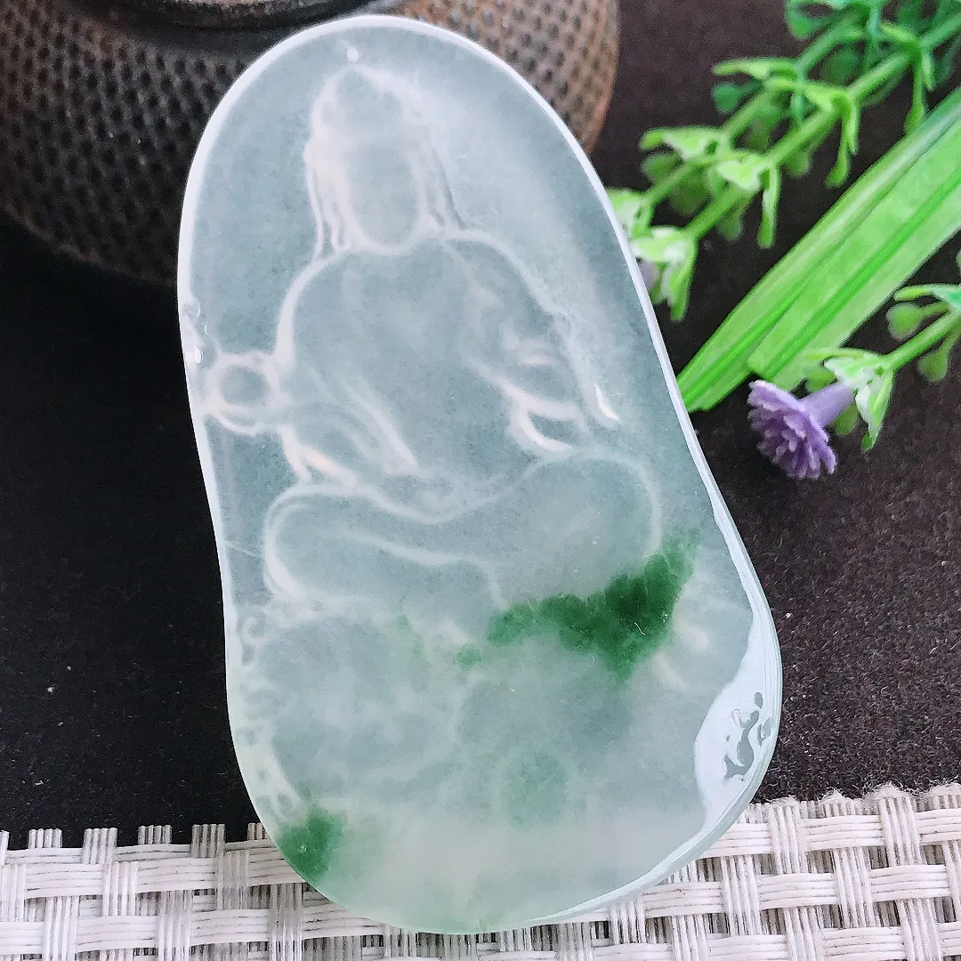 天然a货翡翠67.6/40.2/5.7老坑冰种起胶冰飘花文殊菩萨吊坠翡翠玉观音挂件