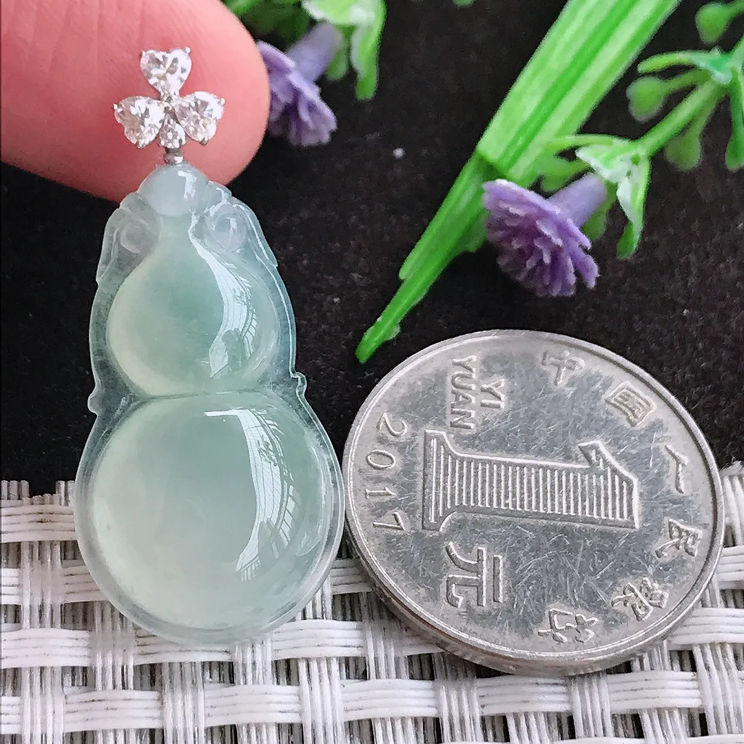 天然A货翡翠29.2/16.5/5.9老坑18k金镶嵌冰种冰晴葫芦吊坠翡翠挂件
