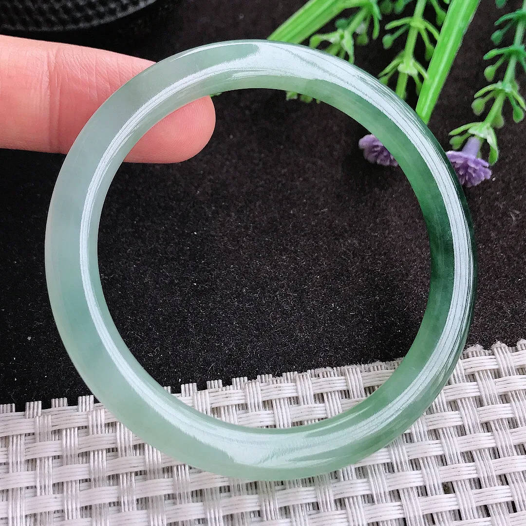 天然A货翡翠52.5/6.1/7.5老坑冰胶水灵飘花细条手镯圆条玉镯