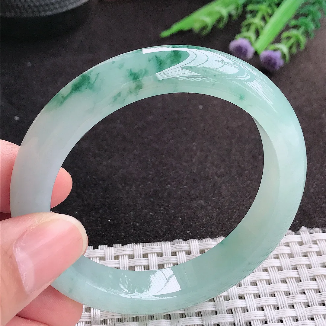 天然A货翡翠54.8/11.8/8.6老坑冰胶果冻飘花手镯宽边玉镯