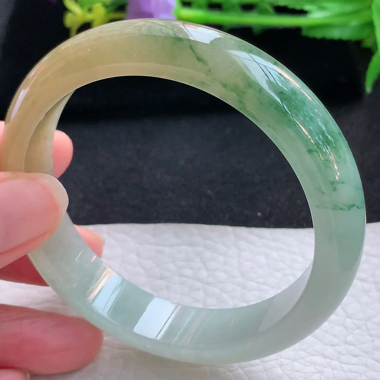 hh自然光58*13.8*7.7平安镯 翡翠a货玉手镯冰胶三彩宽边珠宝玉手环