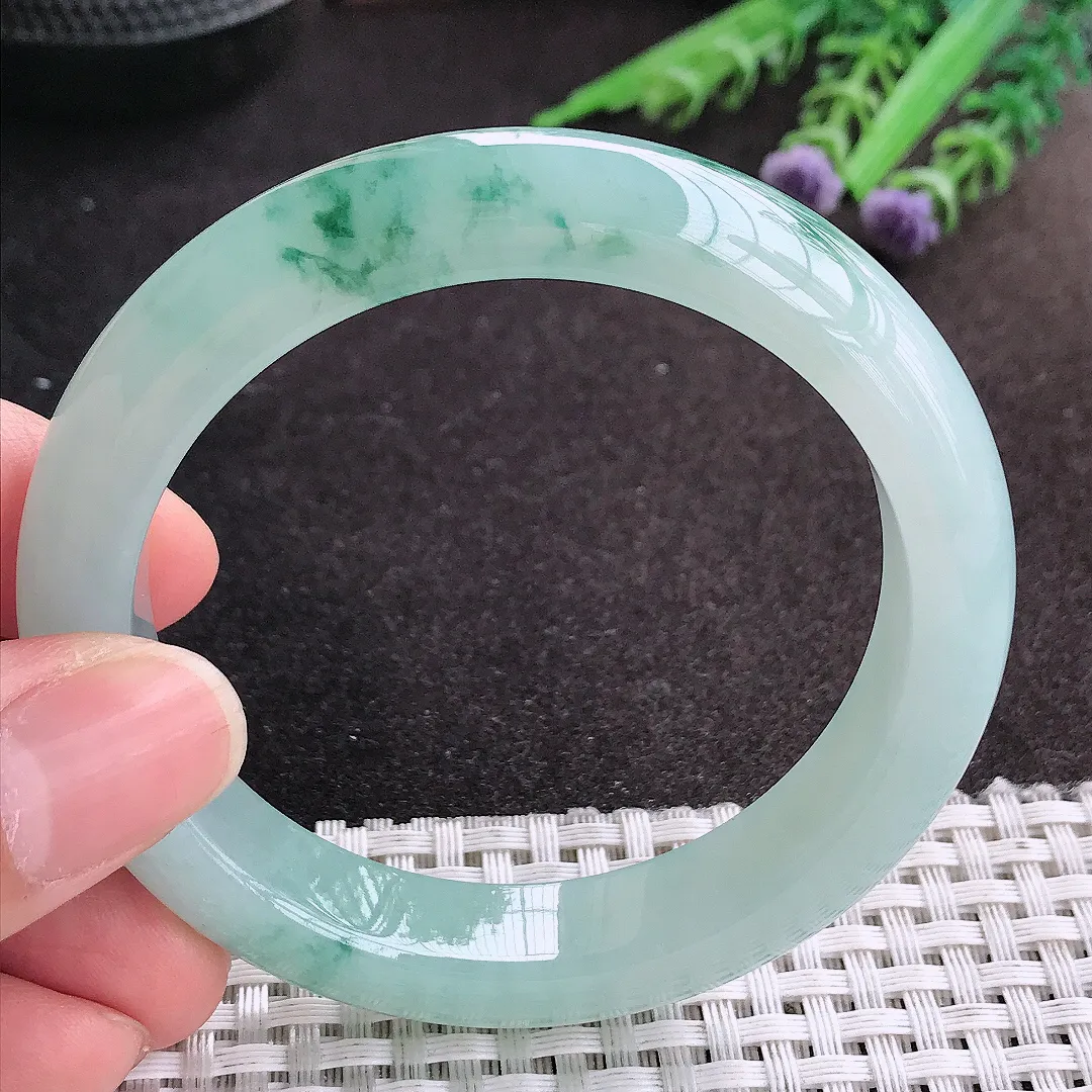 天然A货翡翠54.8/11.8/8.6老坑冰胶果冻飘花手镯宽边玉镯