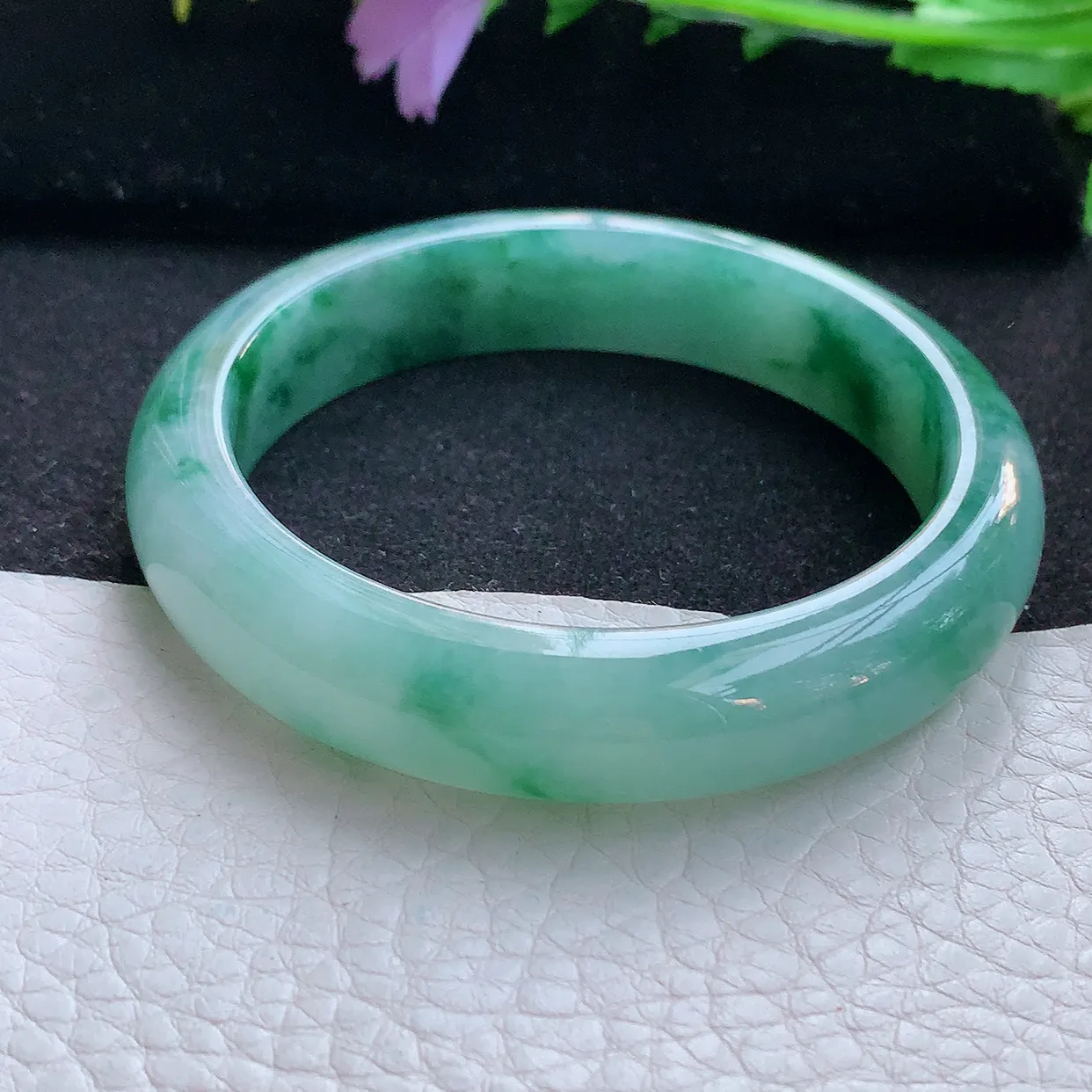 r自然光55*12.3*7.8平安镯 翡翠a货玉手镯冰飘花宽边珠宝玉手环