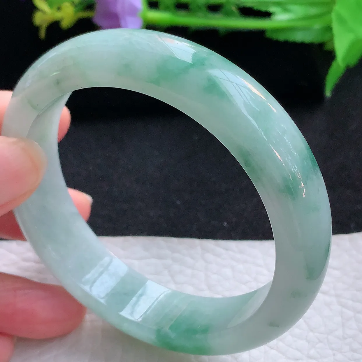 hy自然光58*14.5*8.5平安镯 翡翠a货玉手镯飘花宽边珠宝玉手环