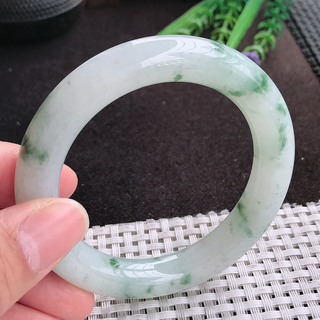 天然A货翡翠54/10.8/10.8老坑冰润起胶飘花圆条手镯玉镯