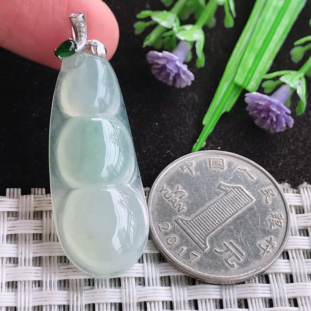 天然A货翡翠38.2/15.8/6老坑18k金镶嵌冰种起胶冰晴四季豆吊坠翡翠福豆