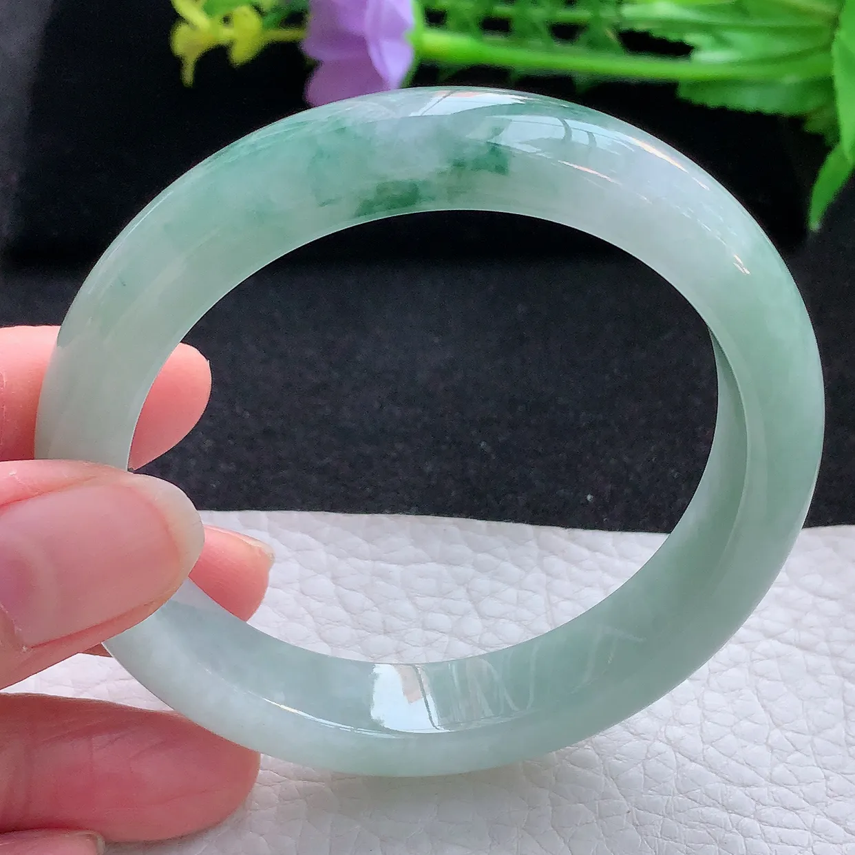 hy自然光57.5*12*8.5平安镯 翡翠a货玉手镯冰飘花宽边珠宝玉手环