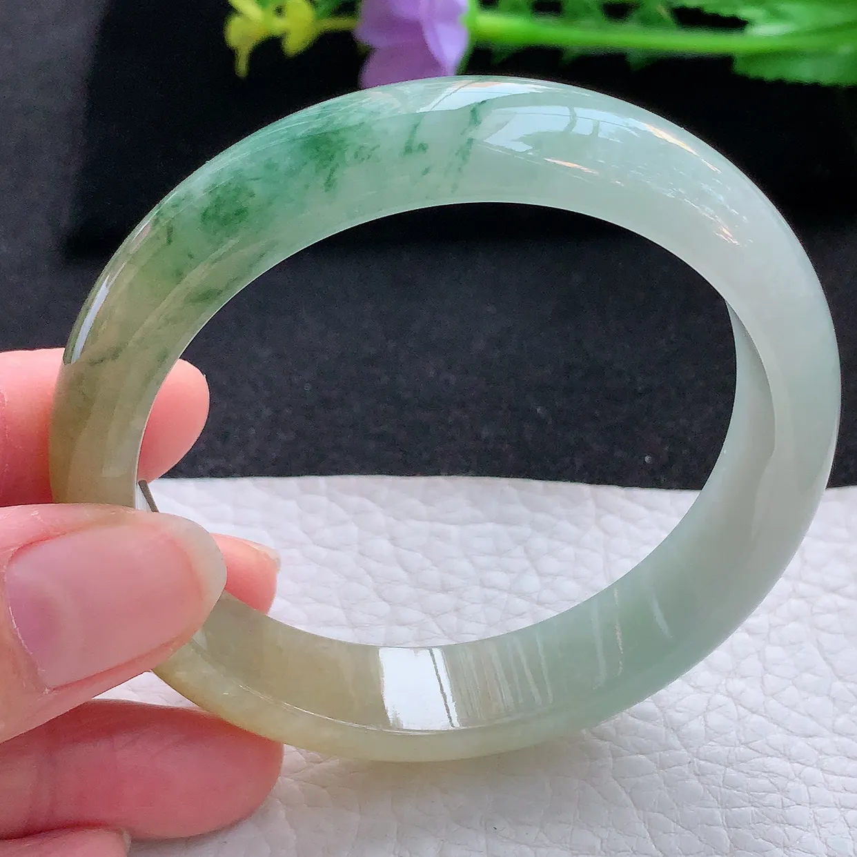 hh自然光58*13.8*7.7平安镯 翡翠a货玉手镯冰胶三彩宽边珠宝玉手环