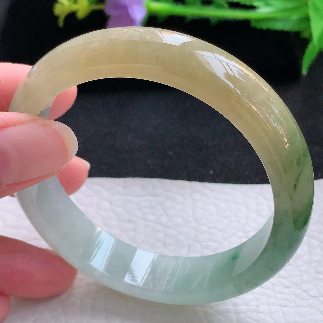 hh自然光58*13.8*7.7平安镯 翡翠a货玉手镯冰胶三彩宽边珠宝玉手环