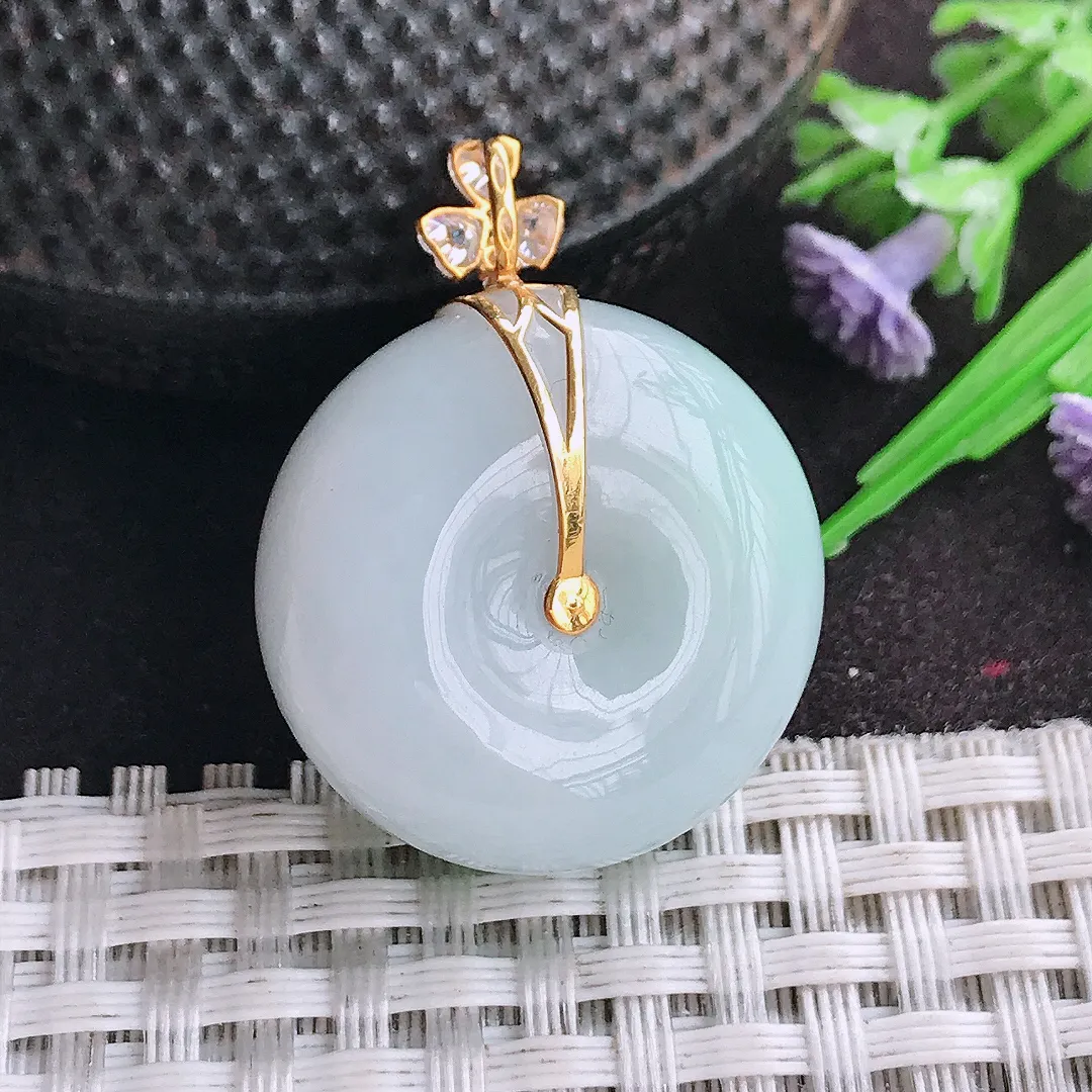 天然A货翡翠25.3/12.4老坑18k金镶嵌温润飘绿平安扣转运珠吊坠翡翠挂件