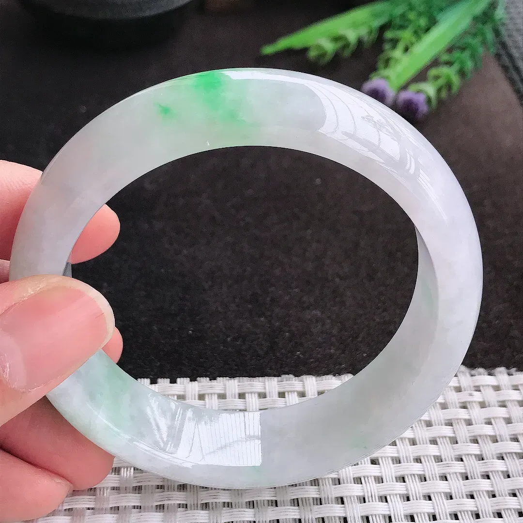 天然A货翡翠60.5/17.4/9老坑温润飘阳绿轮胎手镯宽边玉镯