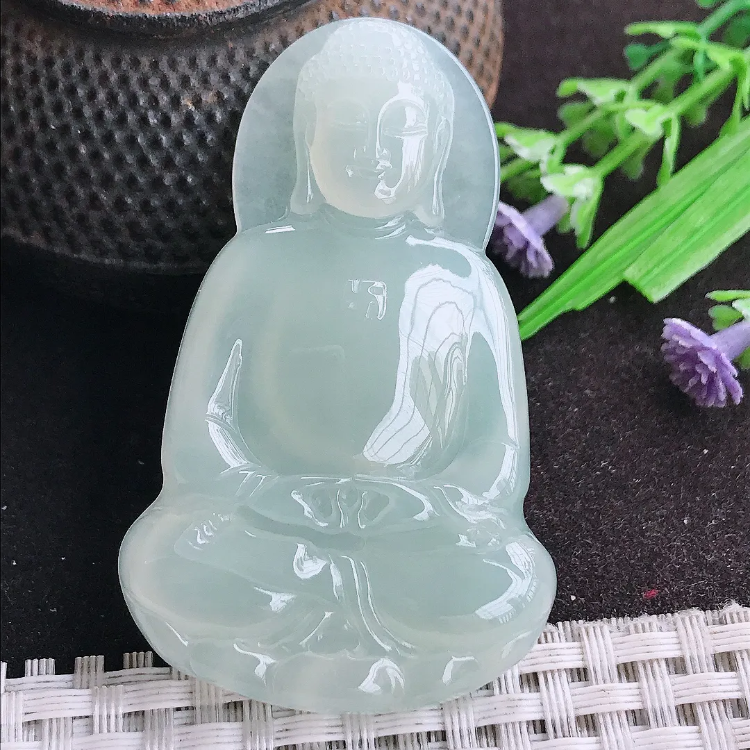 天然A货翡翠58/36.3/6老坑冰纯果冻胶冰晴绿大日如来佛吊坠翡翠挂件