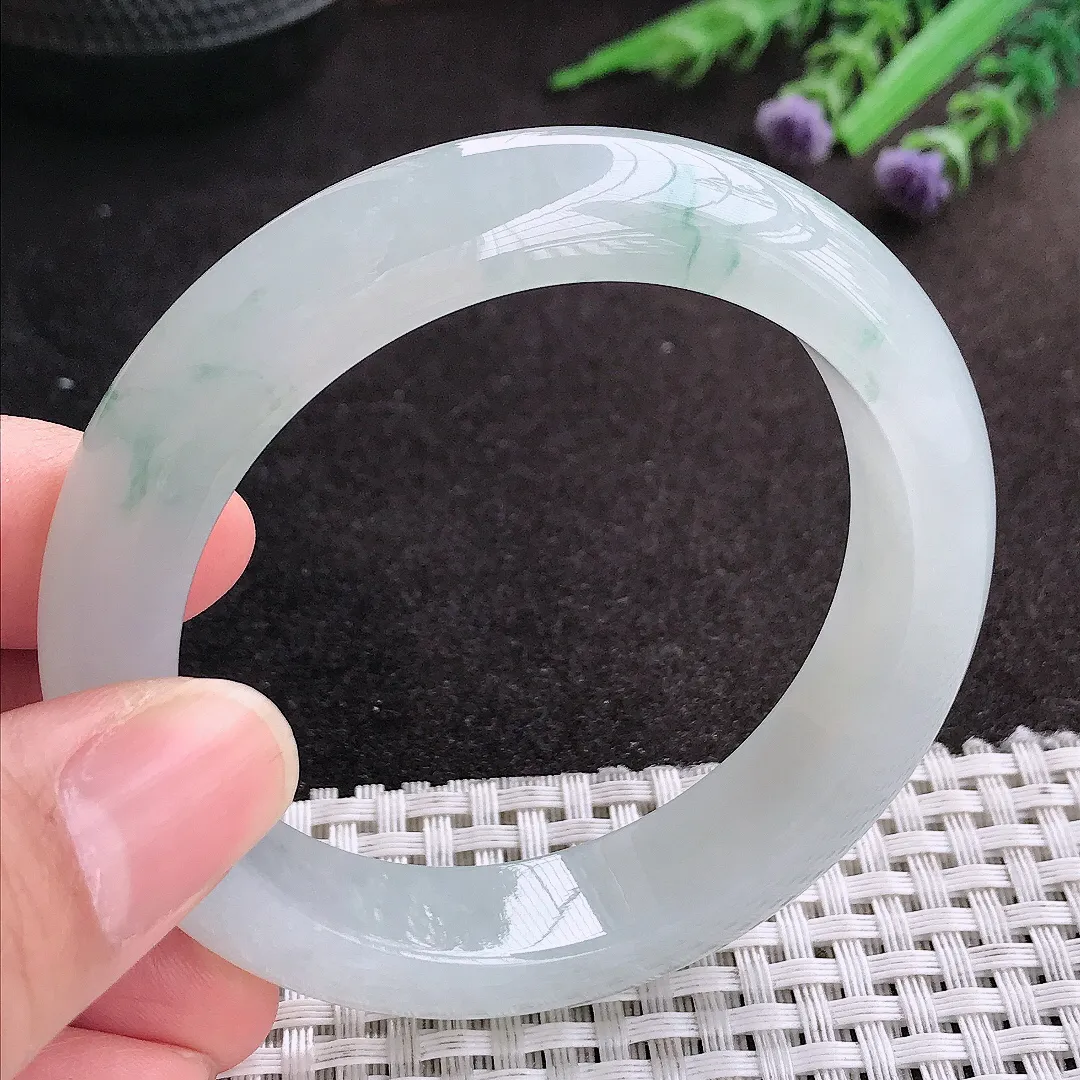 天然A货翡翠54/12.9/9老坑冰胶果冻冰飘花手镯宽边玉镯