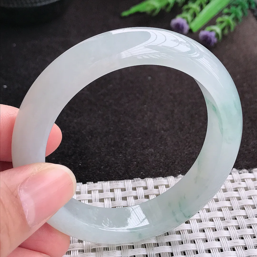 天然A货翡翠54/12.9/9老坑冰胶果冻冰飘花手镯宽边玉镯