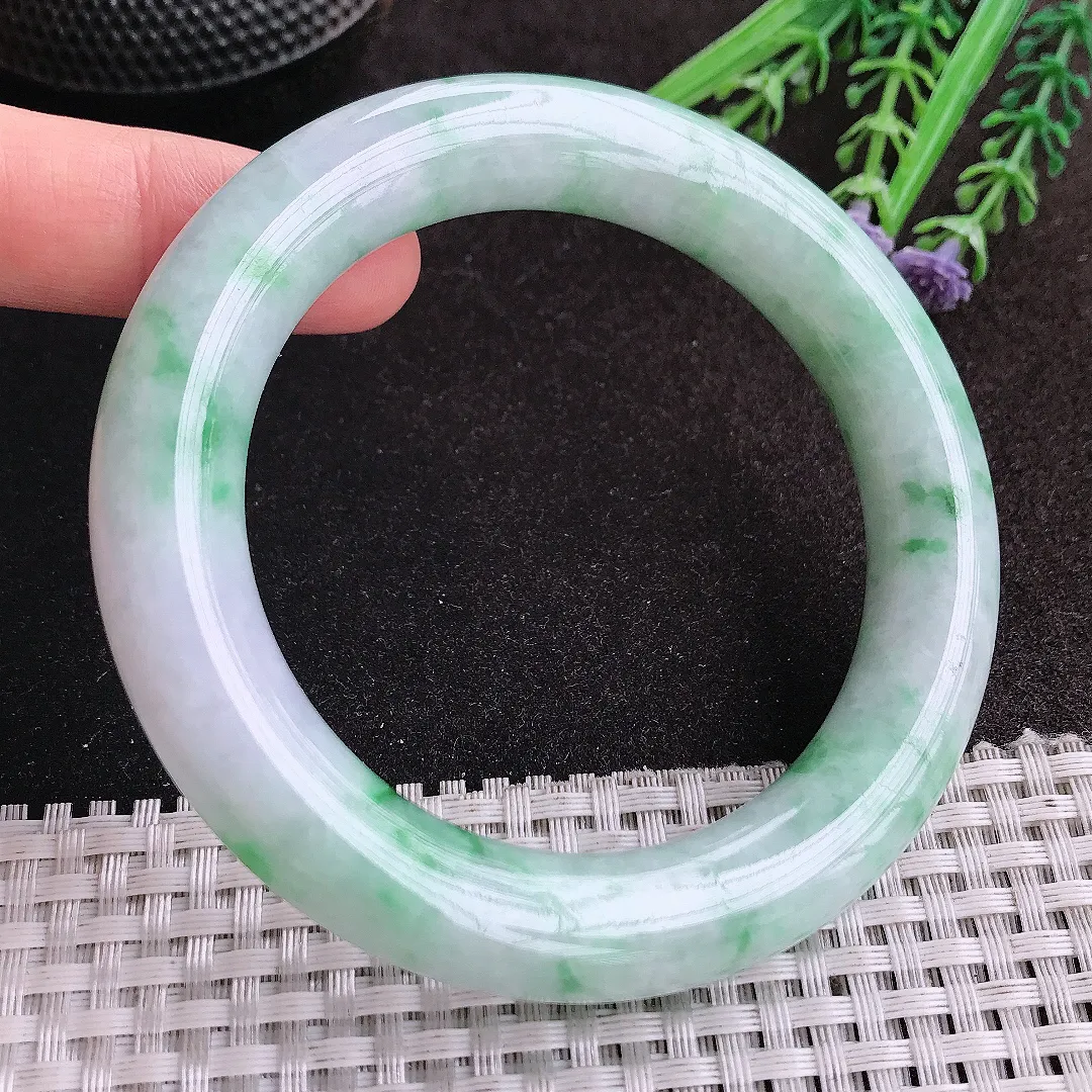 天然A货翡翠59/12.2老坑精美温润飘绿胖圆条手镯玉镯