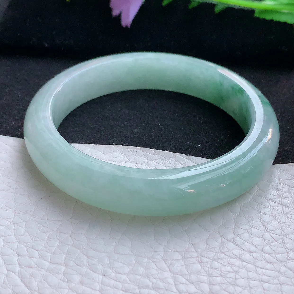 hy自然光57.5*12*8.5平安镯 翡翠a货玉手镯冰飘花宽边珠宝玉手环