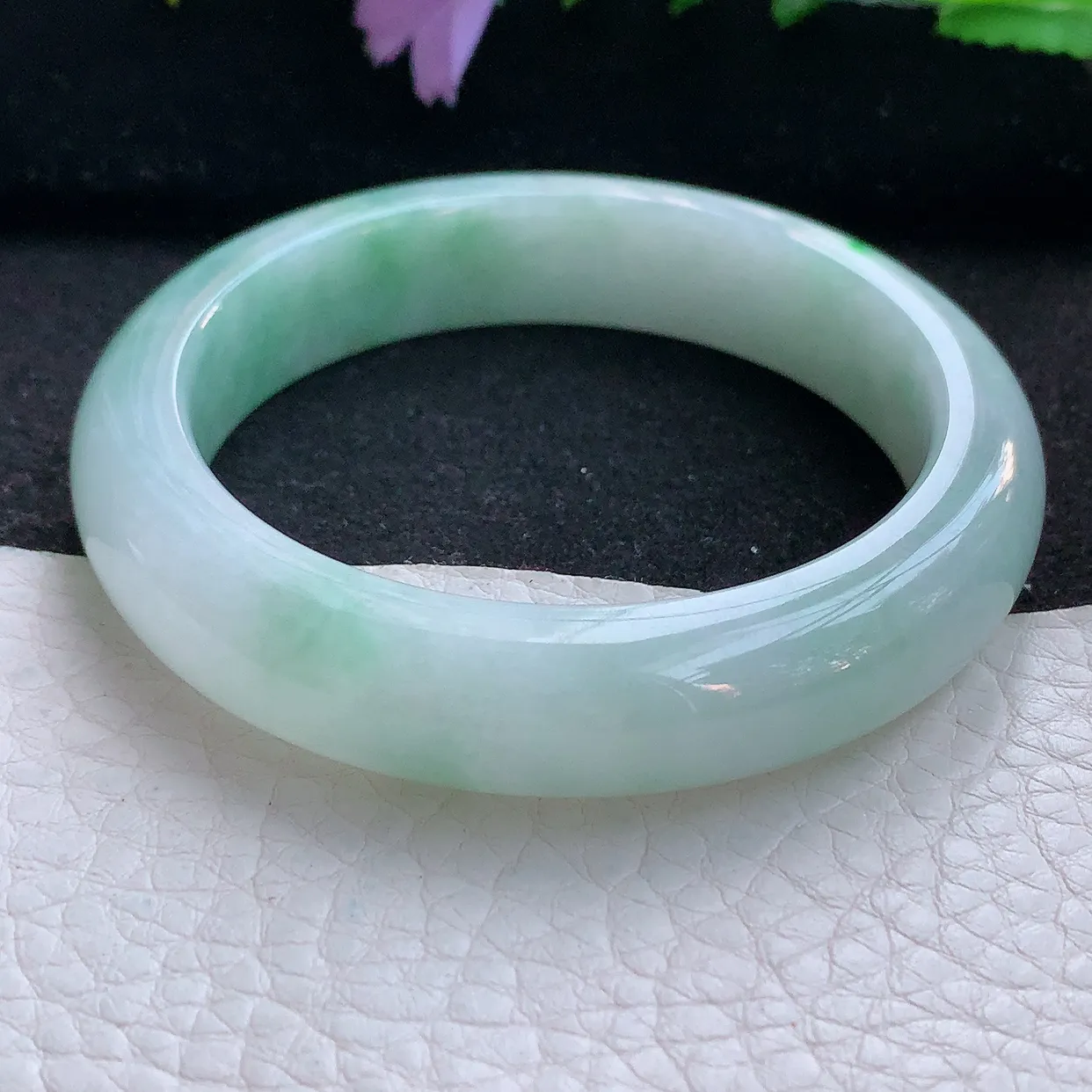 zjf小圈口52.5*12.5*8.3平安镯 翡翠a货玉手镯清新飘绿宽边珠宝玉手环