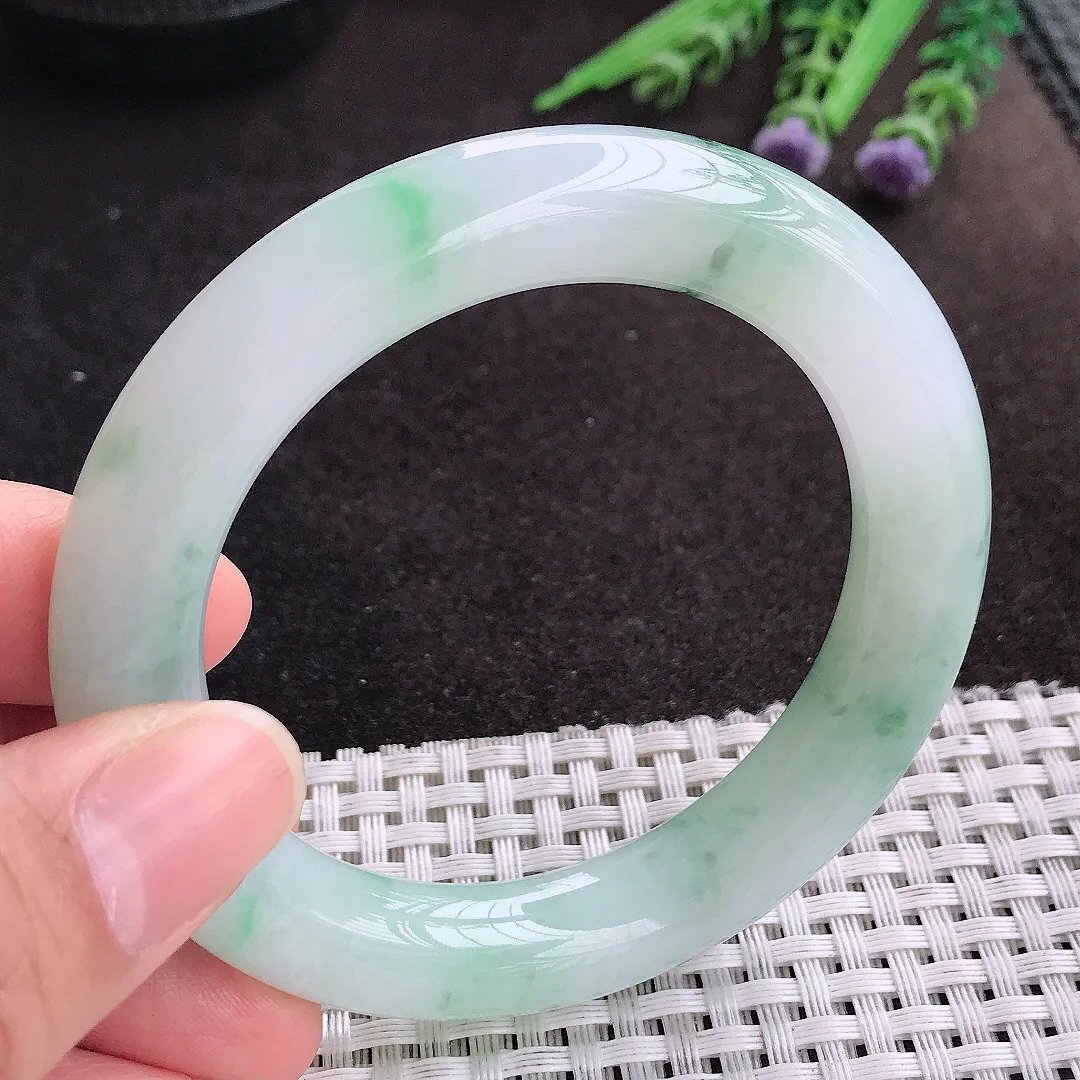 天然A货翡翠54/11.5/11老坑冰胶水灵飘花圆条手镯玉镯