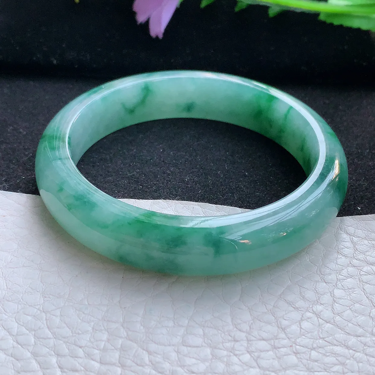 r自然光55*12.3*7.8平安镯 翡翠a货玉手镯冰飘花宽边珠宝玉手环