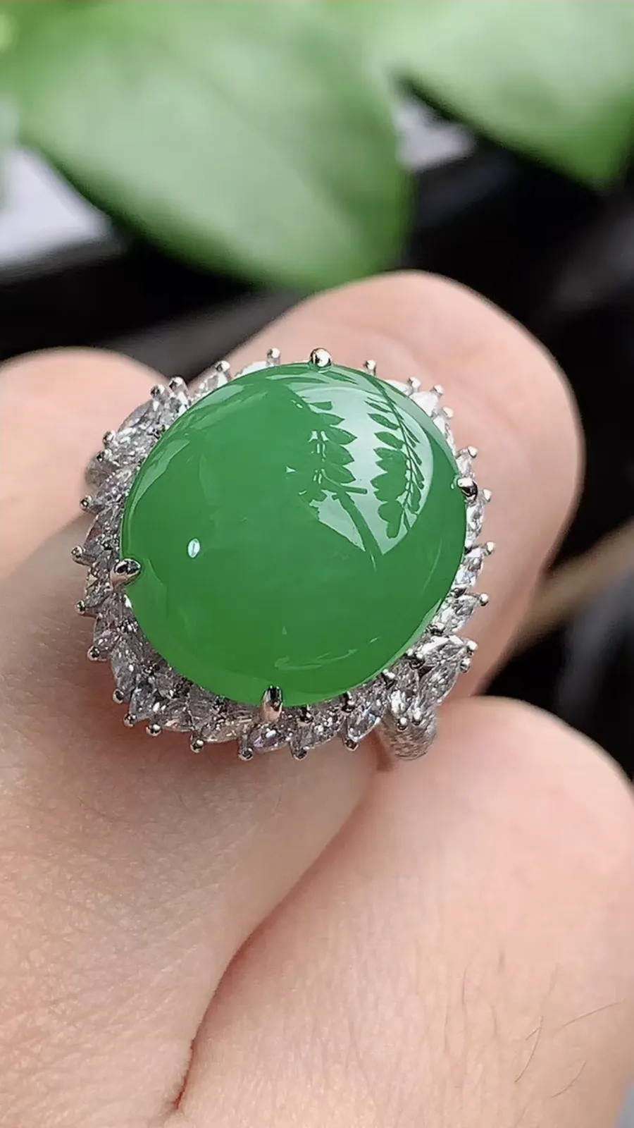 a货翡翠老坑冰种18K金伴钻镶嵌阳绿蛋面戒指 圈口17.4裸石尺寸14×12.3mm 重量5.78g 1206