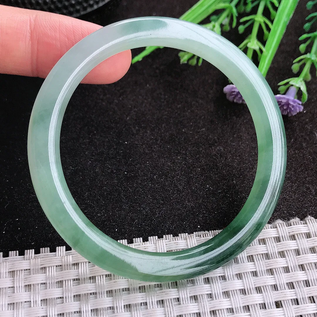 天然A货翡翠52.5/6.1/7.5老坑冰胶水灵飘花细条手镯圆条玉镯