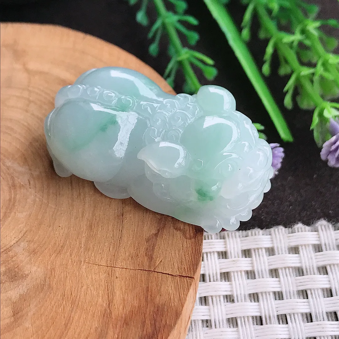 天然A货翡翠37.5/21/12.8老坑秀气冰润飘花貔貅吊坠翡翠挂件