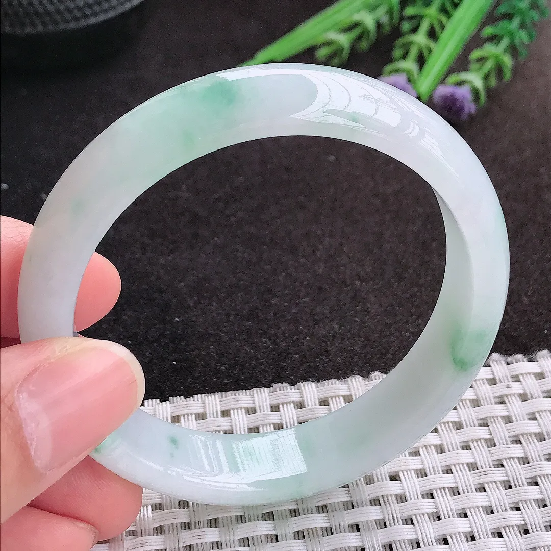 天然A货翡翠55/13.5/7.2老坑秀气冰曲目起胶飘花手镯宽边玉镯