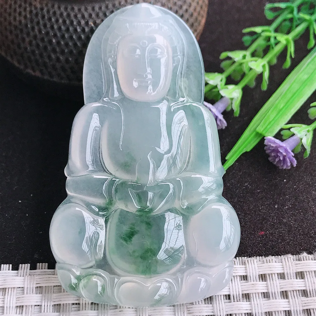 天然a货翡翠68.8/41.8/6老坑高冰透冰种飘花正装观音吊坠玉观音挂件