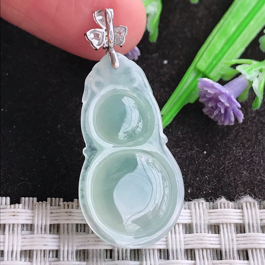 天然A货翡翠29.2/16.5/5.9老坑18k金镶嵌冰种冰晴葫芦吊坠翡翠挂件