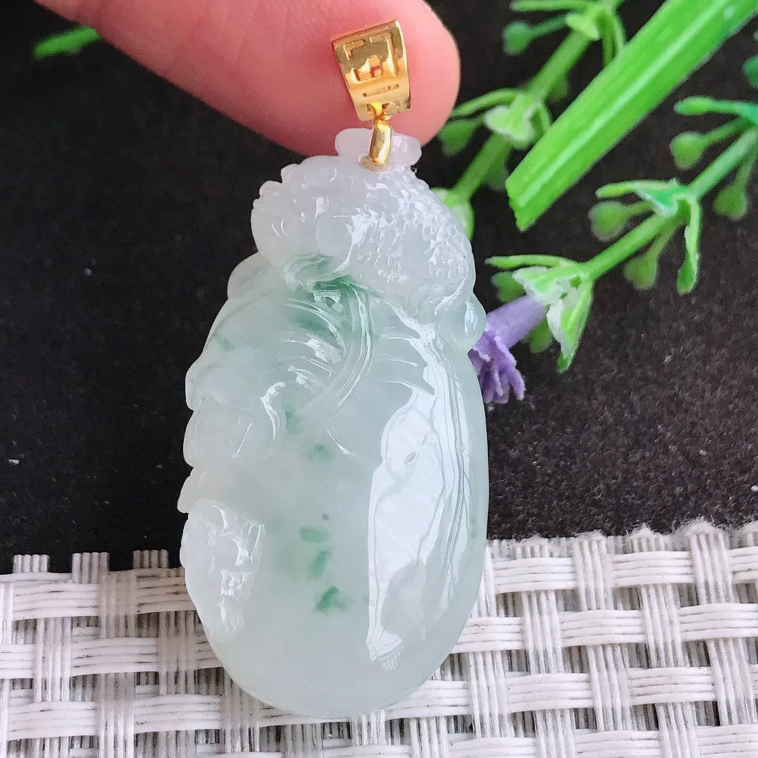 天然A货翡翠38.5/20.5/9.7老坑18k金镶嵌冰胶果冻飘花袋袋有钱钱袋子吊坠翡翠福袋挂件