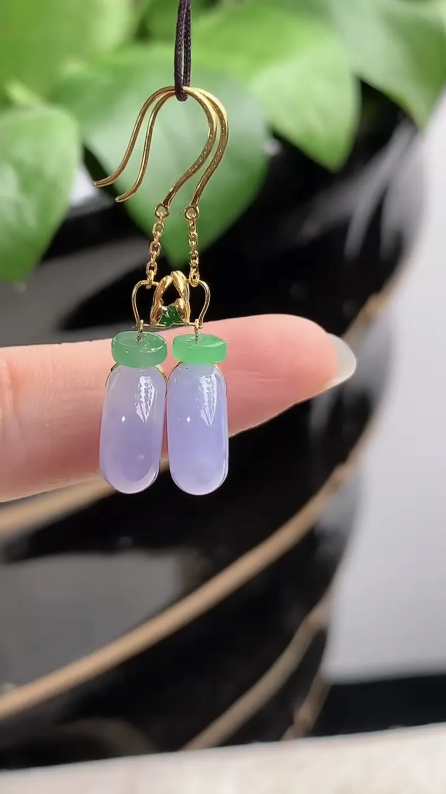 a货翡翠老坑种18K金镶嵌紫罗兰平安扣耳坠 尺寸11.5×4.8mm 重量3.35g 1207