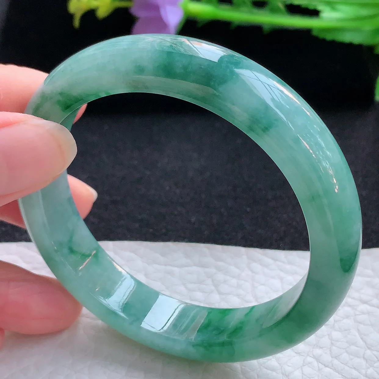 r自然光55*12.3*7.8平安镯 翡翠a货玉手镯冰飘花宽边珠宝玉手环