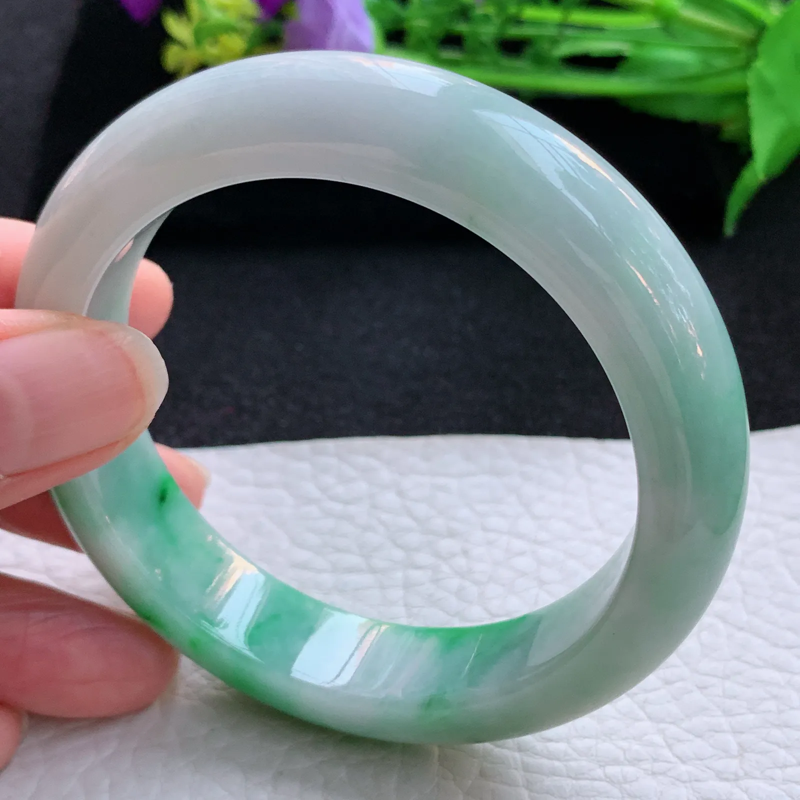 cc自然光57.5*13.8*9平安镯 翡翠a货玉手镯三彩厚装宽边珠宝玉手环