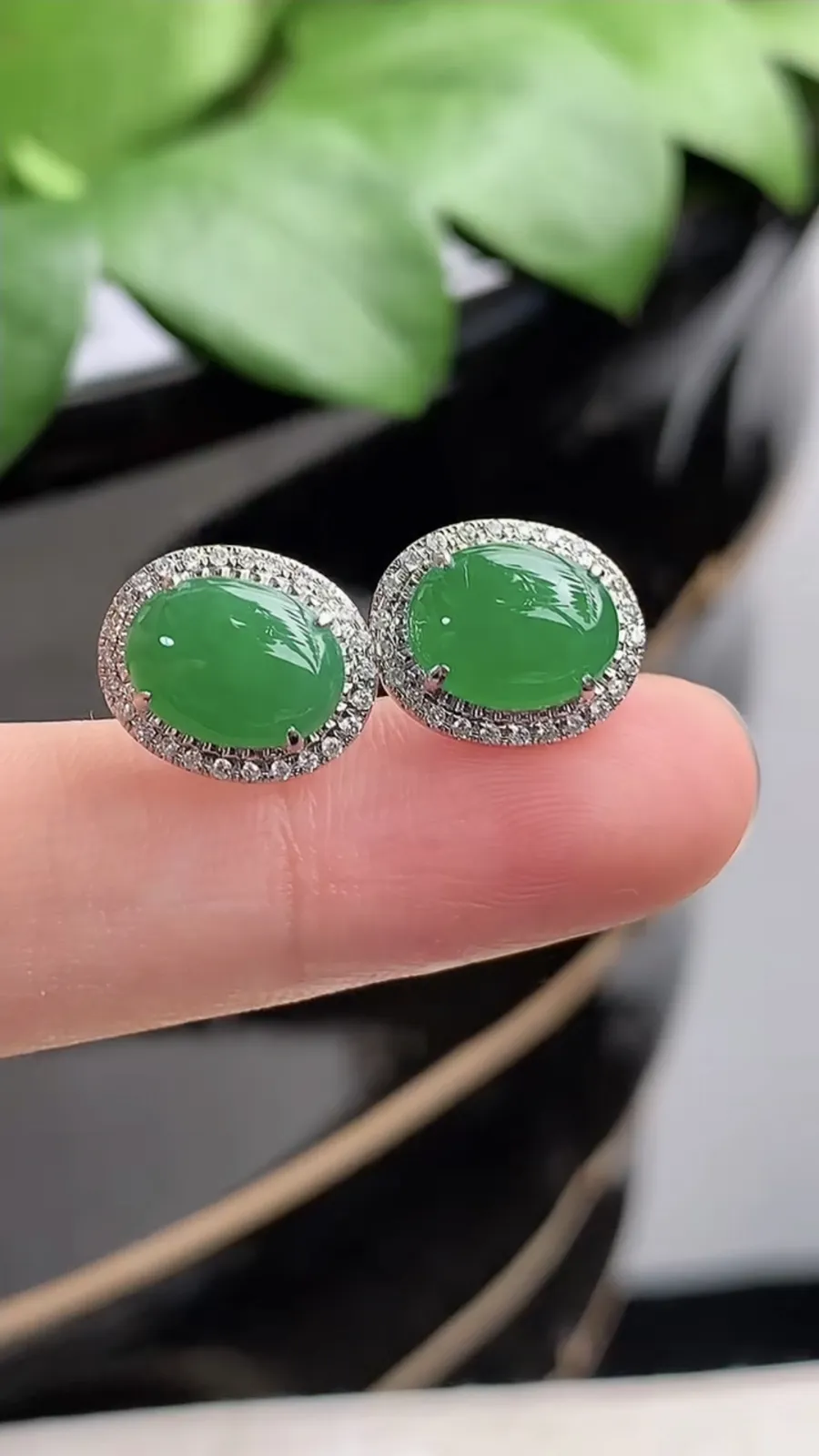 a货翡翠老坑种18K金伴钻镶嵌满绿蛋面耳钉 尺寸9.3×6.8mm 重量2.65g 1206