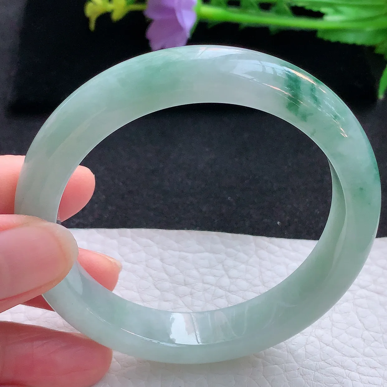 hy自然光57.5*12*8.5平安镯 翡翠a货玉手镯冰飘花宽边珠宝玉手环