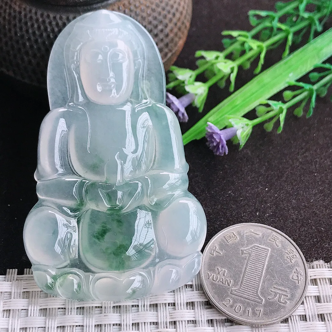 天然a货翡翠68.8/41.8/6老坑高冰透冰种飘花正装观音吊坠玉观音挂件