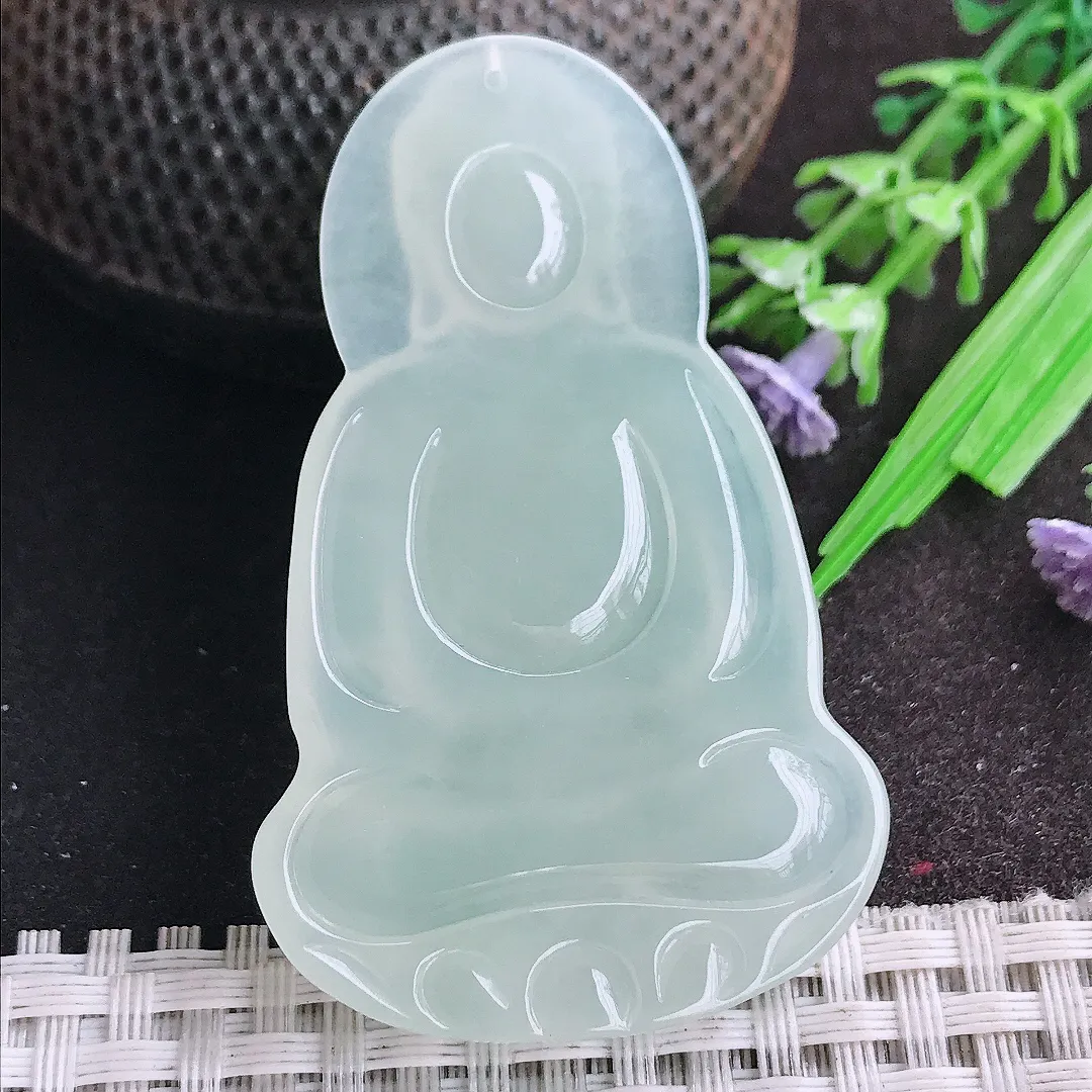 天然A货翡翠58/36.3/6老坑冰纯果冻胶冰晴绿大日如来佛吊坠翡翠挂件