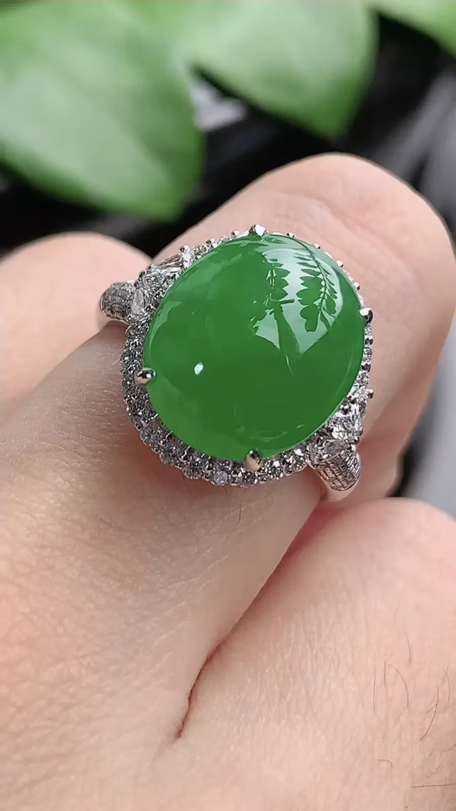 a货翡翠老坑种18K金伴钻镶嵌阳绿蛋面戒指 圈口17.4裸石尺寸12.8×11mm 重量5.16g 1206