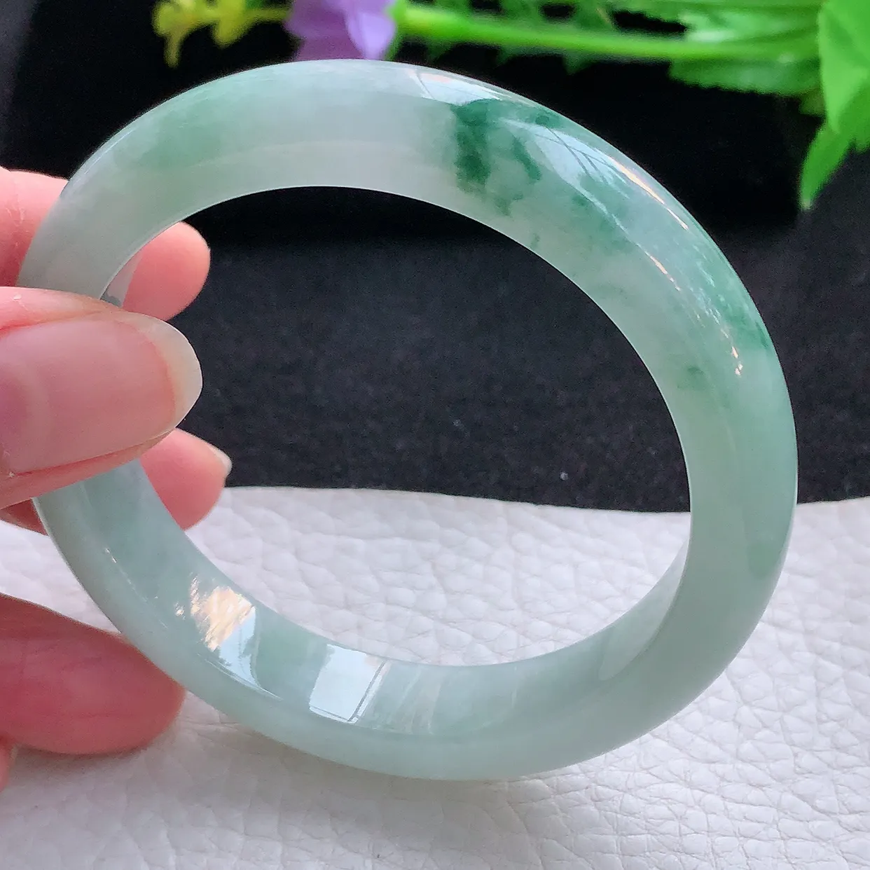 hy自然光57.5*12*8.5平安镯 翡翠a货玉手镯冰飘花宽边珠宝玉手环