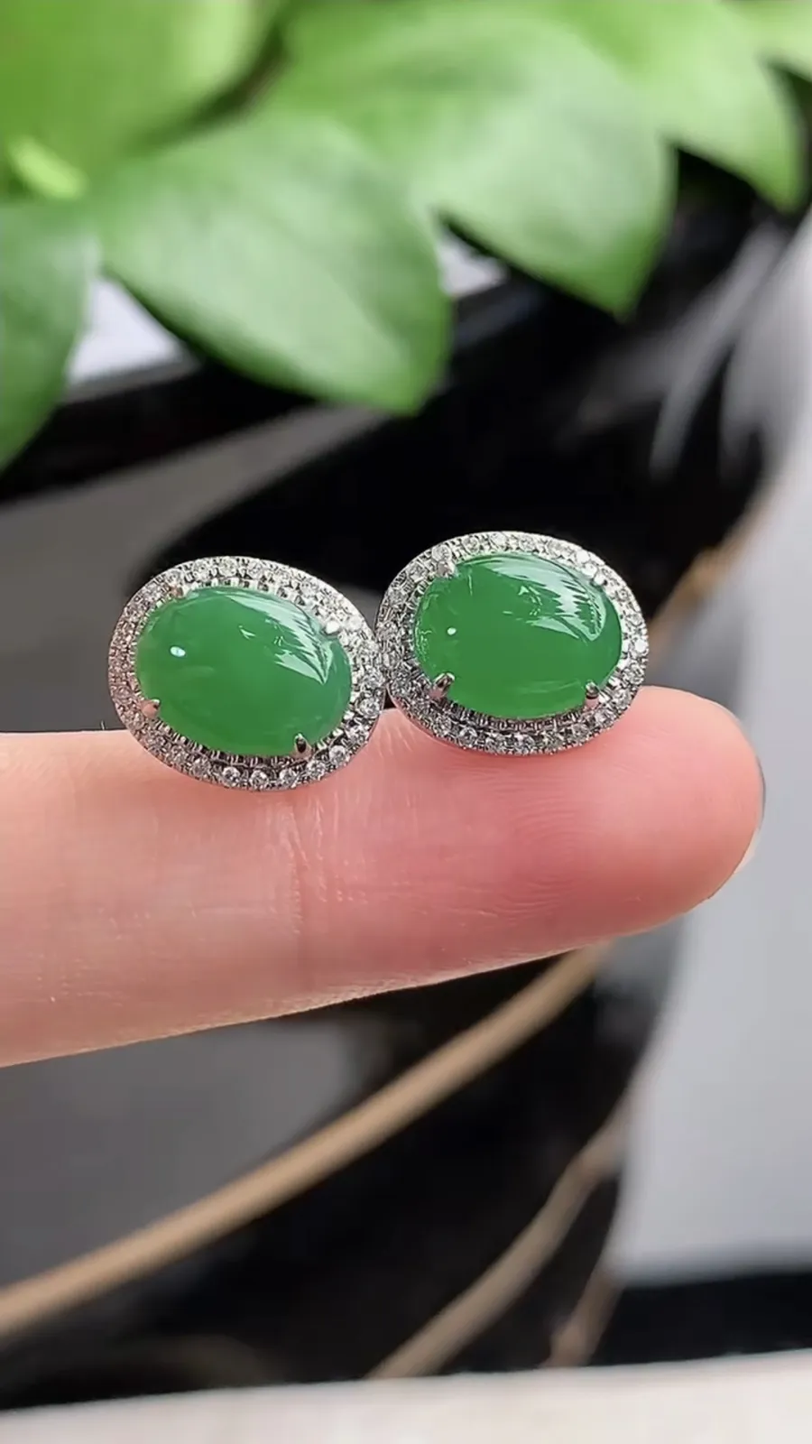 a货翡翠老坑种18K金伴钻镶嵌满绿蛋面耳钉 尺寸9.3×6.8mm 重量2.65g 1206