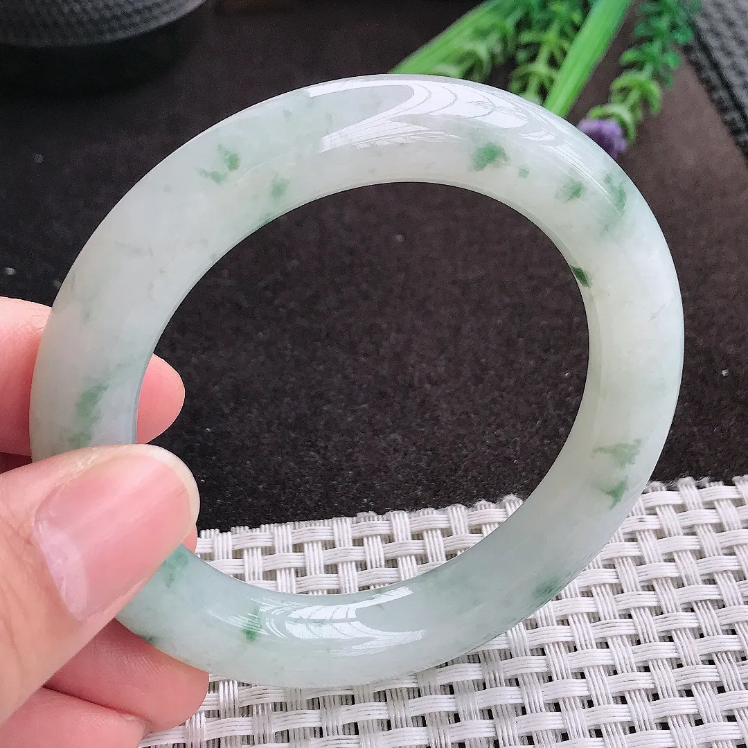 天然A货翡翠54/10.8/10.8老坑冰润起胶飘花圆条手镯玉镯