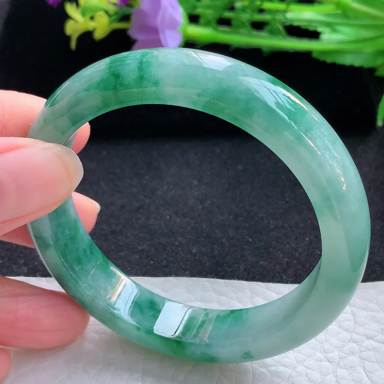 r自然光55*12.3*7.8平安镯 翡翠a货玉手镯冰飘花宽边珠宝玉手环