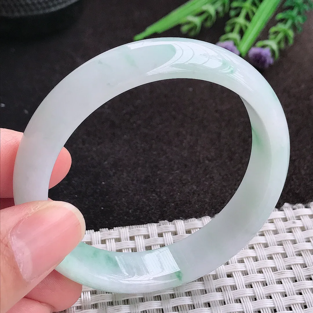 天然A货翡翠55/13.5/7.2老坑秀气冰曲目起胶飘花手镯宽边玉镯
