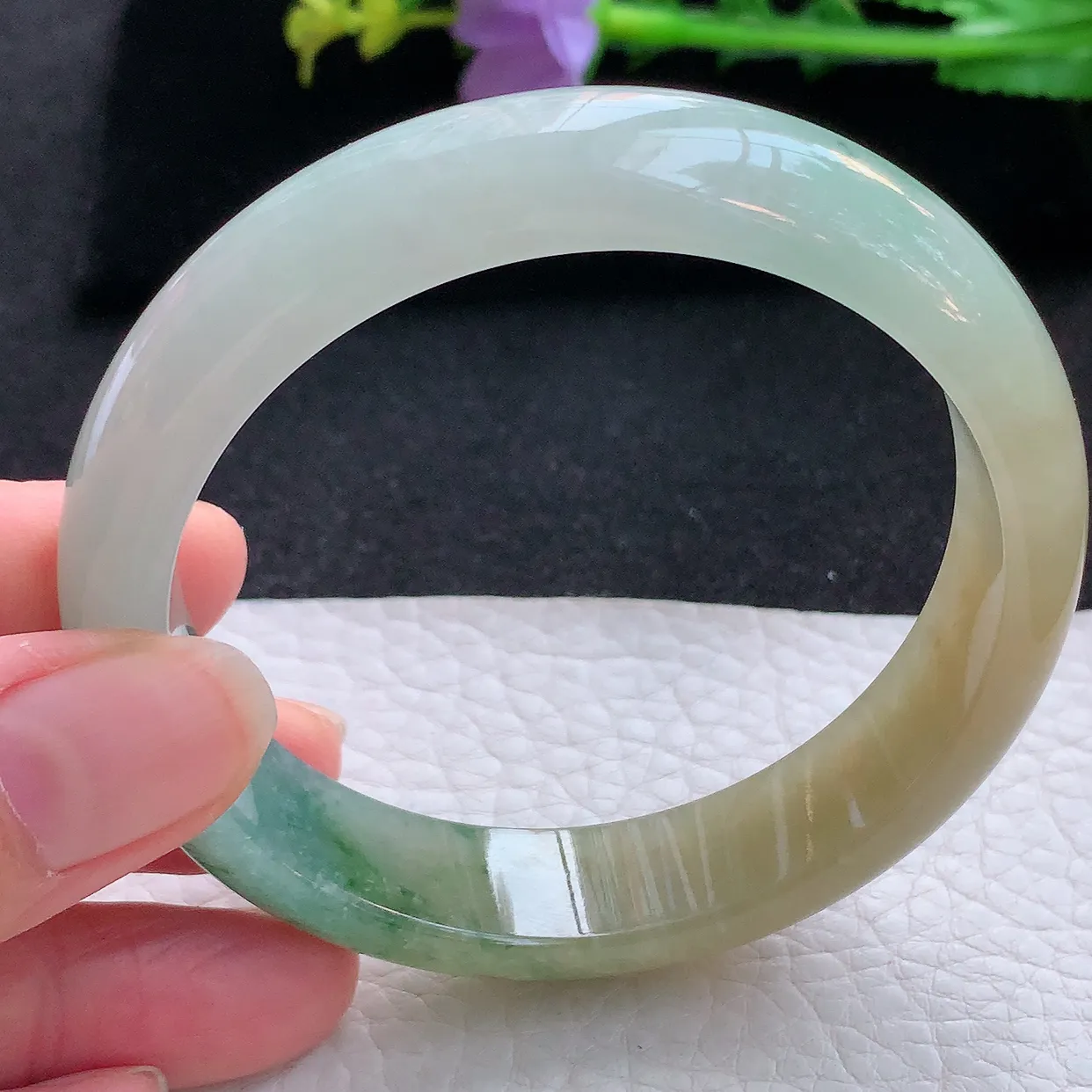 hh自然光58*13.8*7.7平安镯 翡翠a货玉手镯冰胶三彩宽边珠宝玉手环