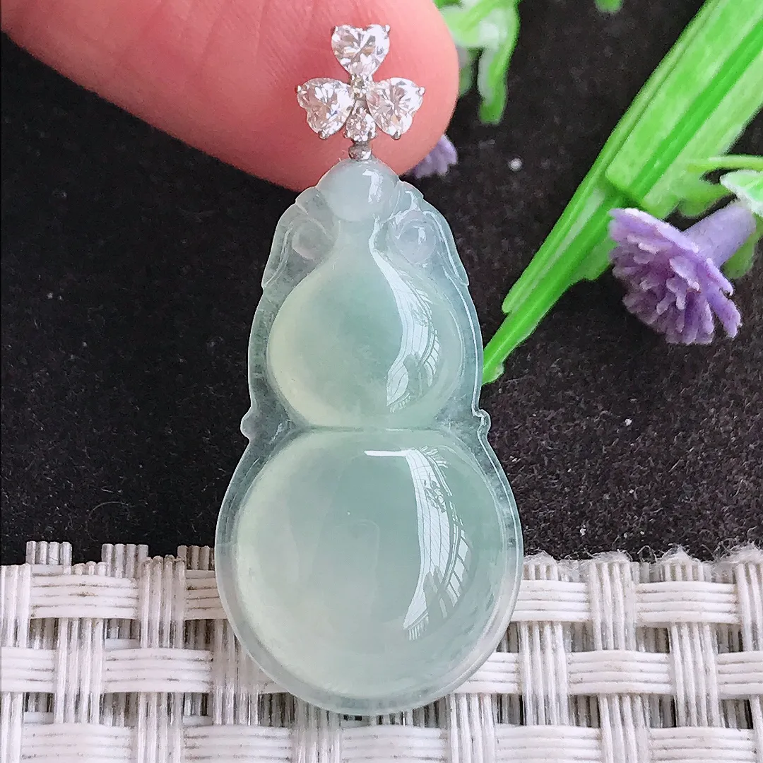 天然A货翡翠29.2/16.5/5.9老坑18k金镶嵌冰种冰晴葫芦吊坠翡翠挂件